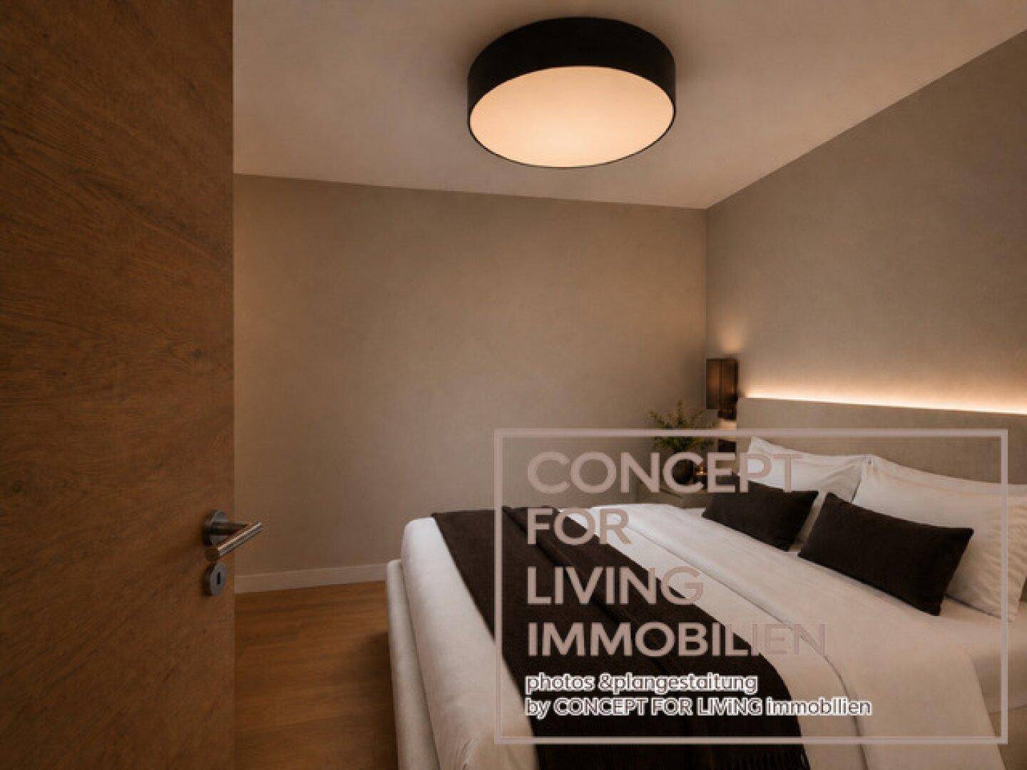 Gemütliches Schlafzimmer mit indirekter Beleuchtung und modernem Design, ideal zum Entspannen.