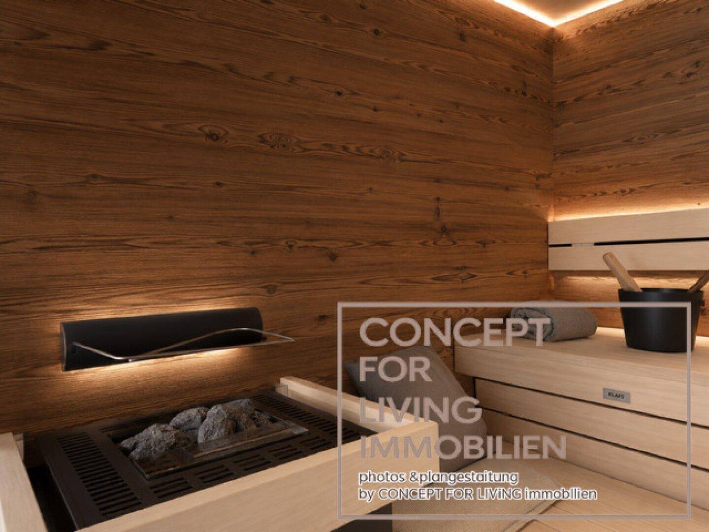 Hochwertige Holzsauna mit traditionellem Ofen und bequemen Bänken für pure Entspannung.