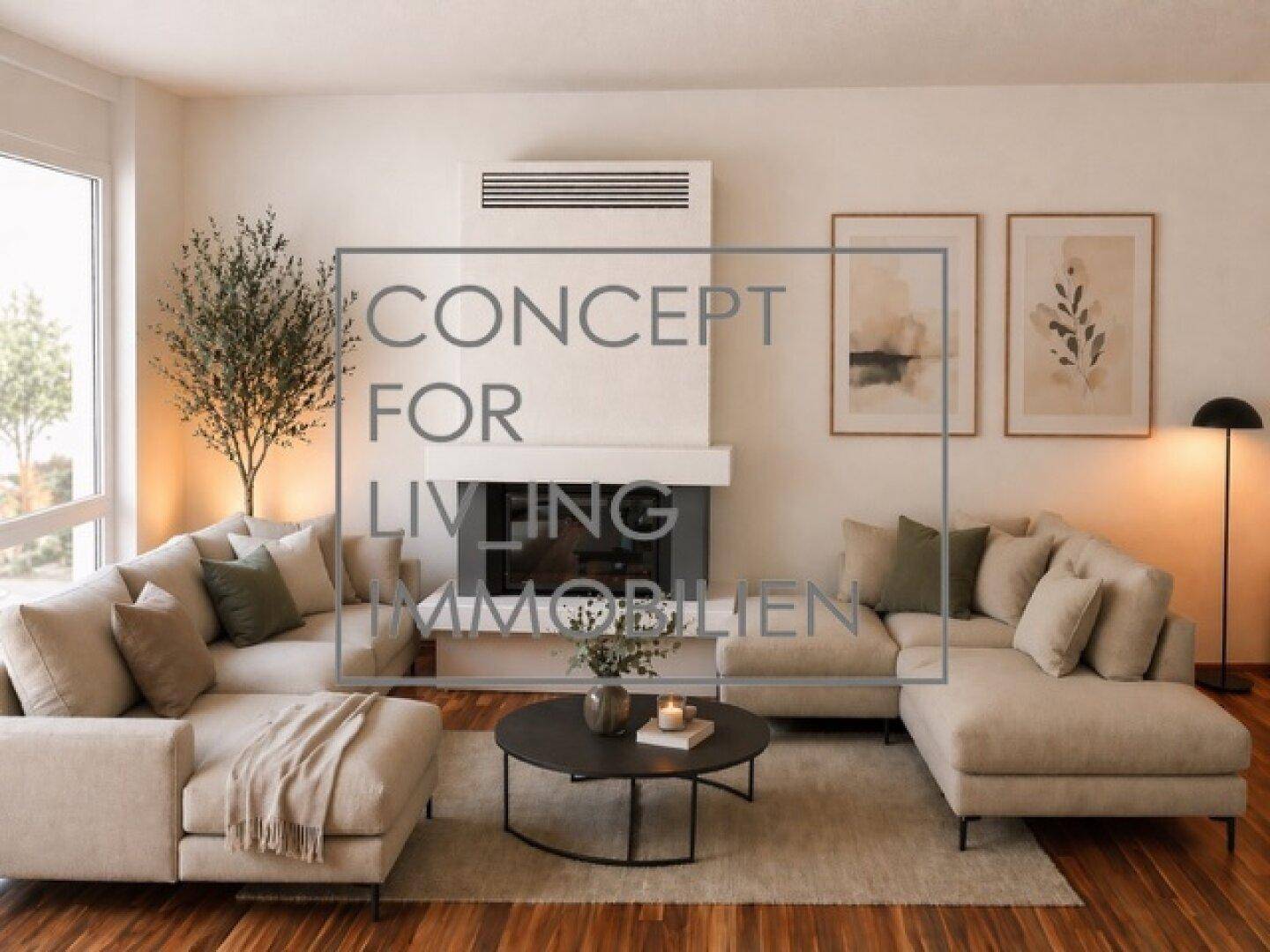Modernes Wohnzimmer mit beigem Ecksofa, Kamin und Holzboden, hell und stilvoll eingerichtet.