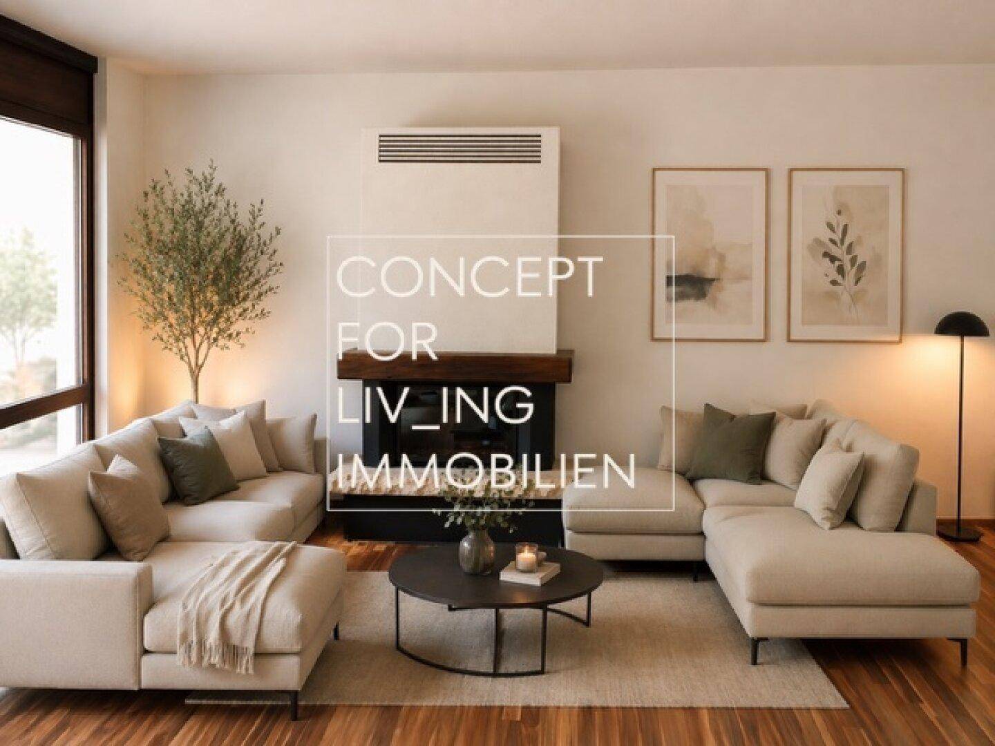 Gemütliches Wohnzimmer mit beigen Sofas, Kamin und großem Fenster für viel Tageslicht.