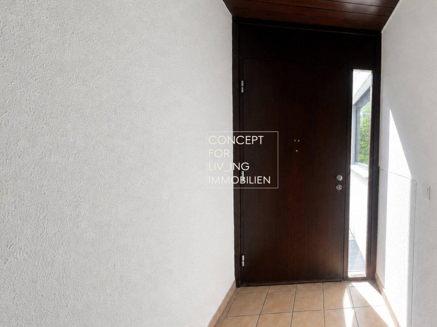 Heller Eingangsbereich mit dunkler Holztür und Fliesenboden, der zum Inneren des Hauses führt.