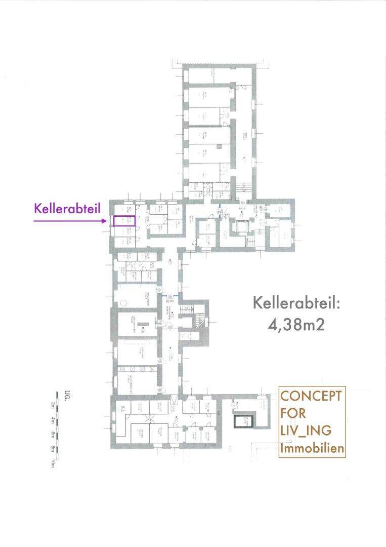 Grundriss des Kellergeschosses mit mehreren Abteilen, wobei ein Kellerabteil von 4,38m² hervorgehoben ist.