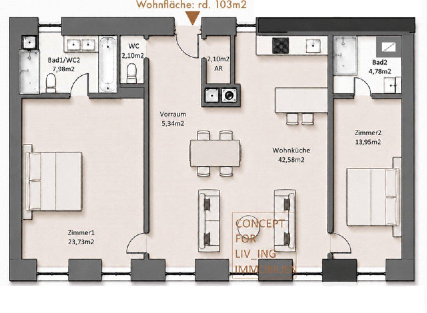Grundriss einer Wohnung mit zwei Schlafzimmern, zwei Bädern und einer offenen Wohnküche.