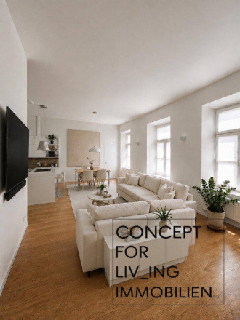 Lichtdurchfluteter Wohn-Essbereich mit Wandfernseher, Ecksofa und Holzboden.