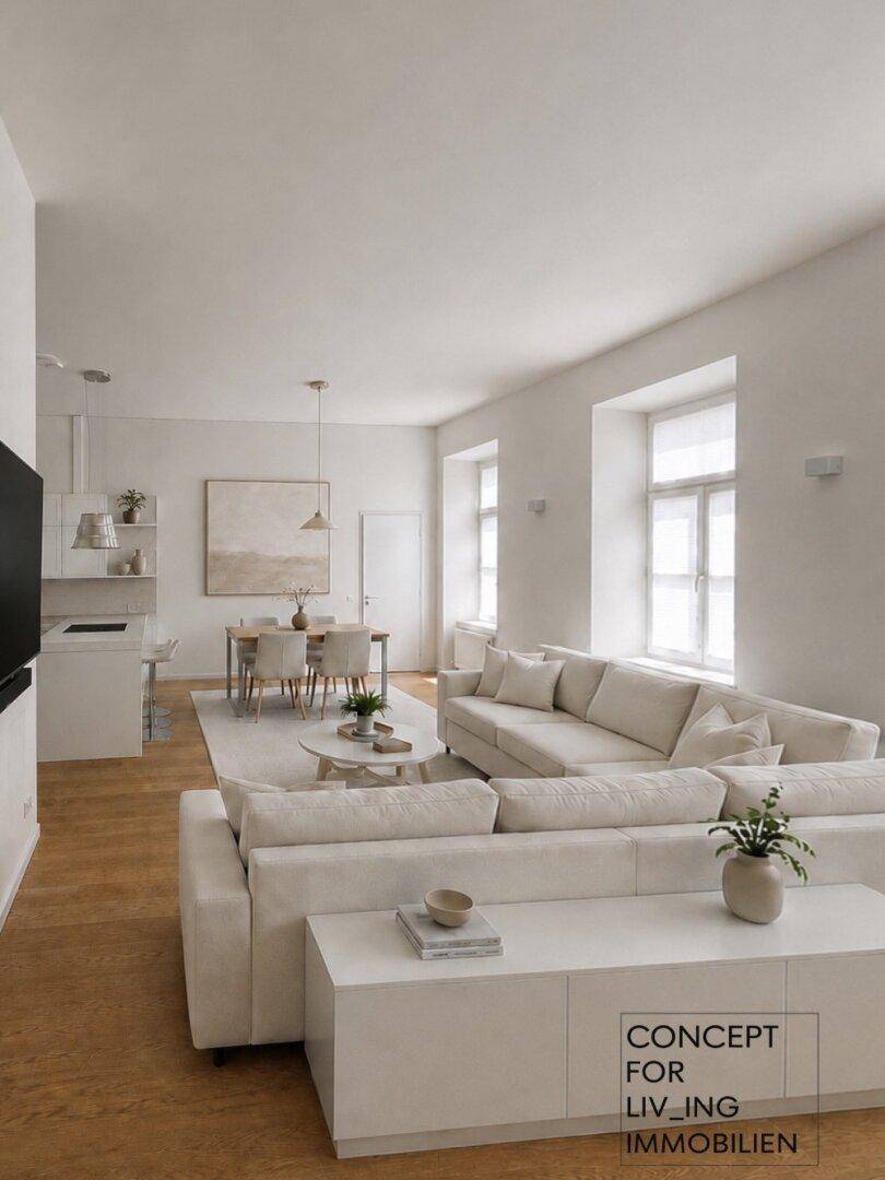 Moderner Wohn-Essbereich mit beigem Ecksofa, Holzboden und viel Tageslicht.