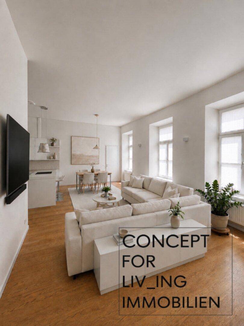 Moderner Wohn-Essbereich mit Wandfernseher, beigem Sofa und Holzboden.