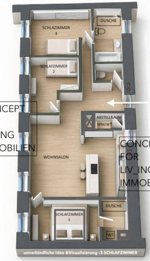 Dreidimensionaler Grundriss einer Wohnung mit drei Schlafzimmern, offenem Wohnbereich und zwei Bädern.