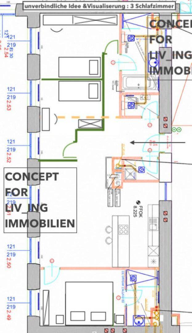 Technischer Grundriss einer Wohnung mit drei Schlafzimmern, offenem Wohnbereich und zwei Bädern.