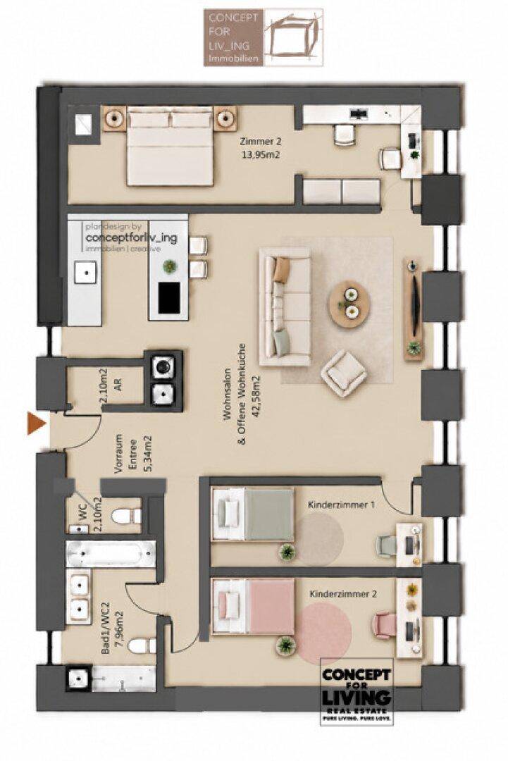Grundriss einer modernen Wohnung mit offenem Wohnbereich, drei Schlafzimmern und zwei Bädern.
