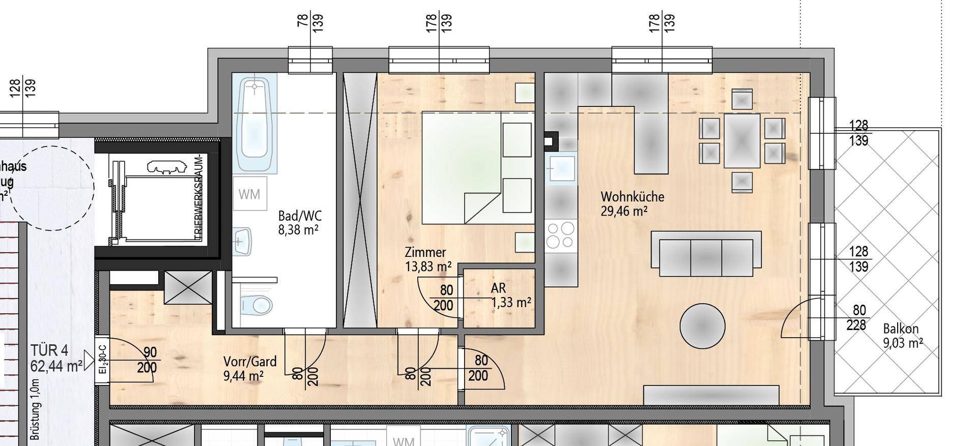 Grundriss einer Wohnung mit offenem Wohn- und Küchenbereich, einem Schlafzimmer, Bad und Balkon.