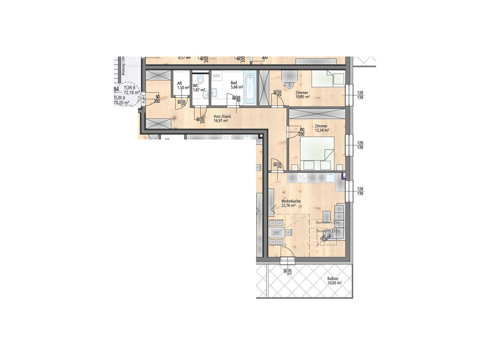 Grundriss einer Wohnung mit offener Wohnküche, zwei Schlafzimmern, Bad, separatem WC und Balkon.