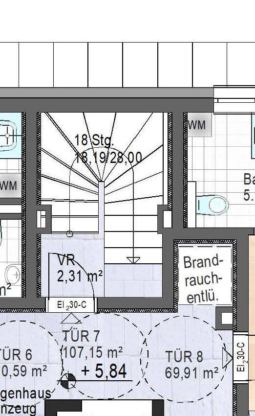 Ausschnitt eines Grundrisses mit Treppenhaus, WC und angrenzenden Räumen.
