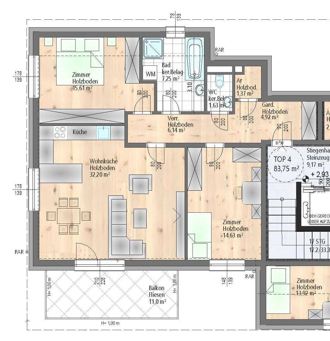 Grundriss einer Wohnung mit offener Wohnküche, drei Zimmern, Bad, WC und Balkon.