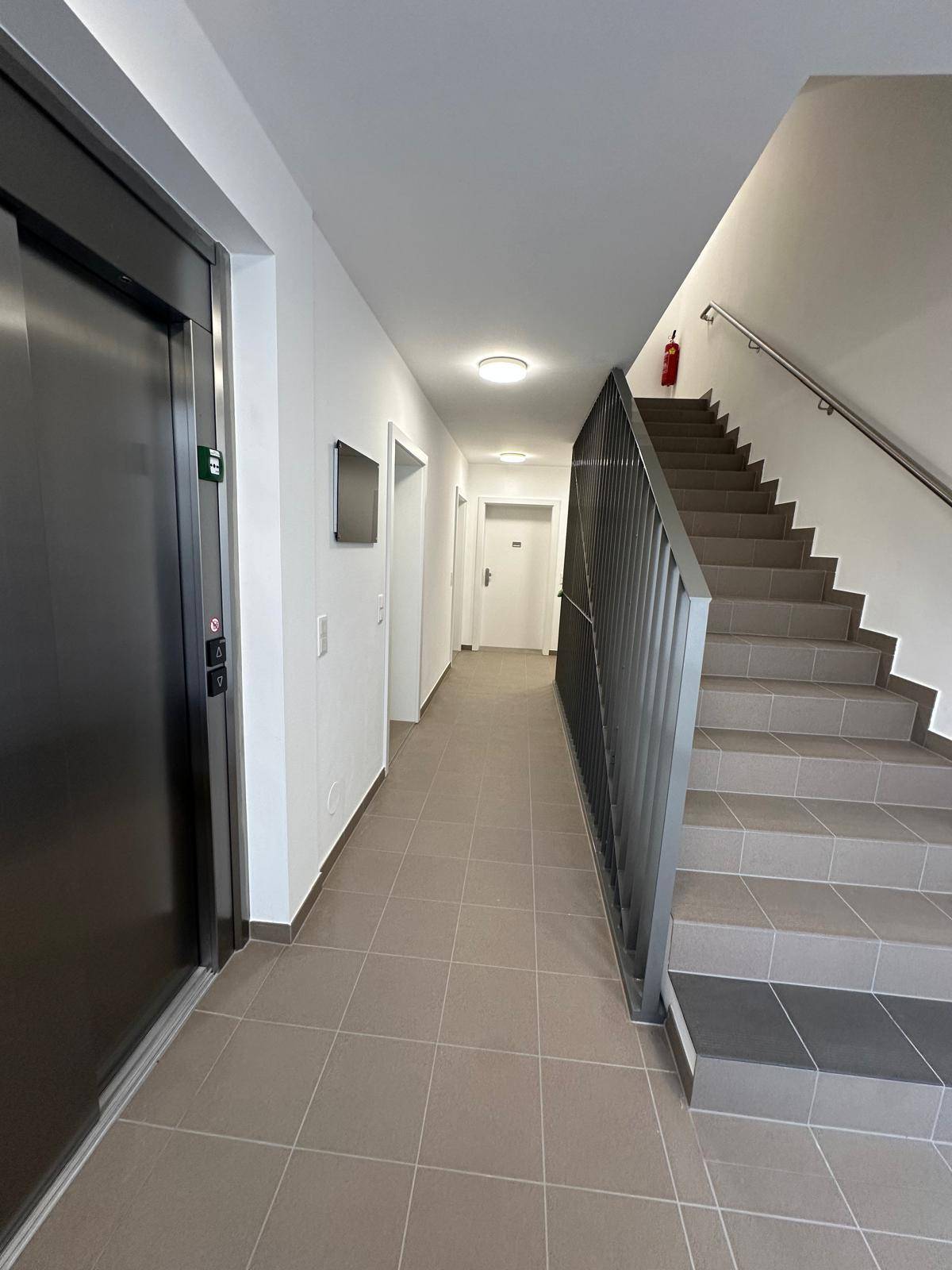 Heller Flur im Mehrfamilienhaus mit Aufzug und Treppenhaus, modern gestaltet und gefliest.