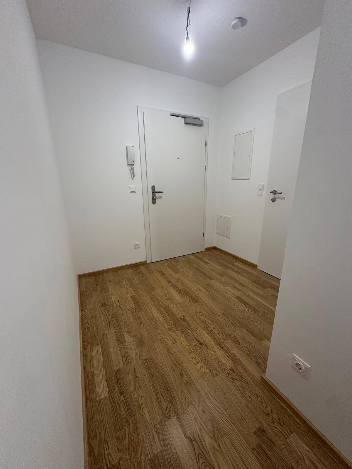Eingangsbereich mit Holzboden, weißer Eingangstür und Gegensprechanlage in einem modernen Gebäude.