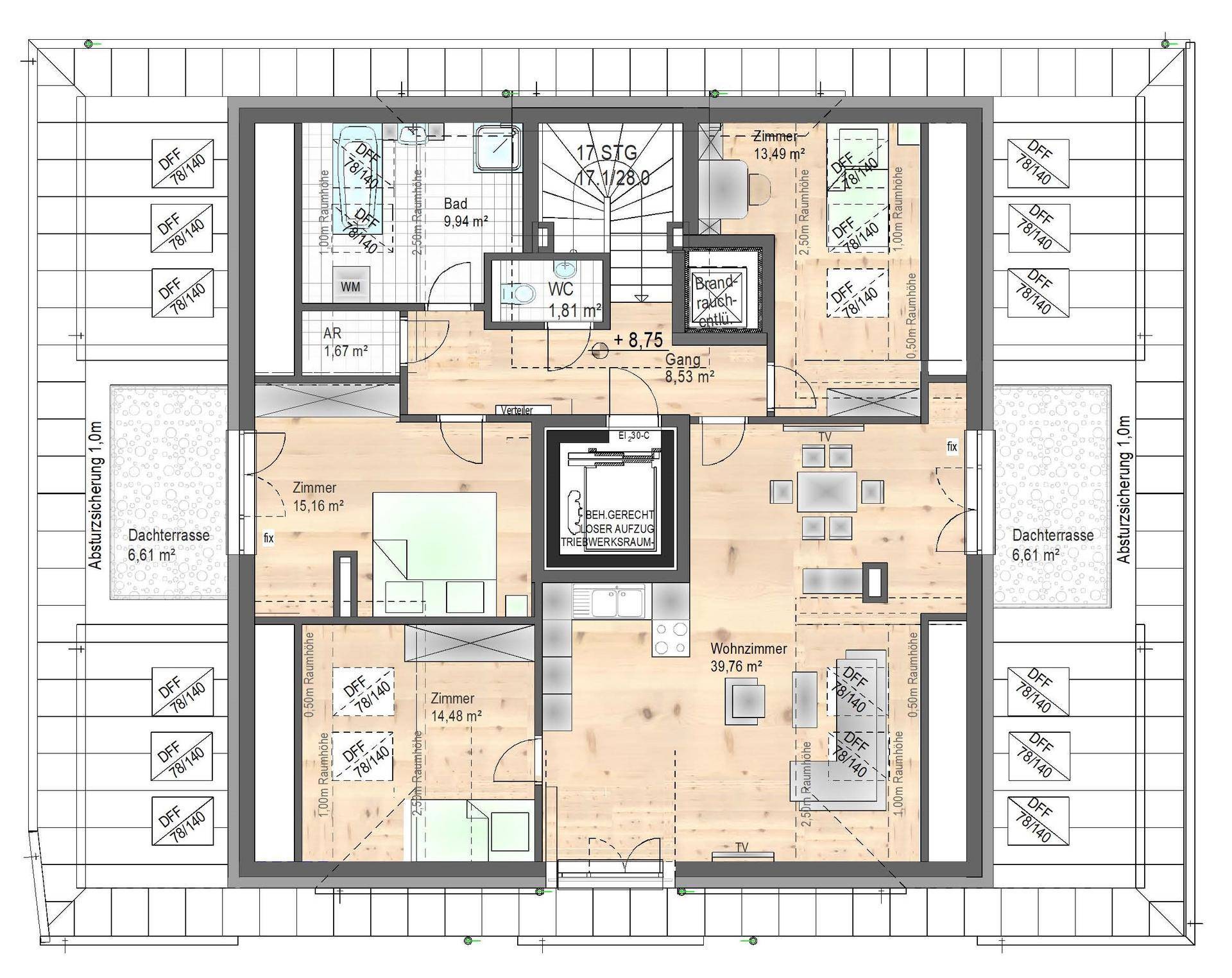 Grundriss des Dachgeschosses mit mehreren Zimmern, Bädern und Dachterrassen.