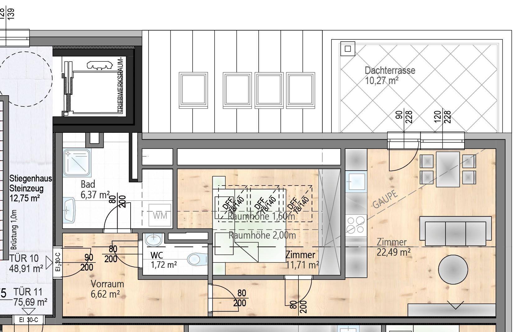 Grundriss einer Dachgeschosswohnung mit Dachterrasse, Bad und separatem WC.