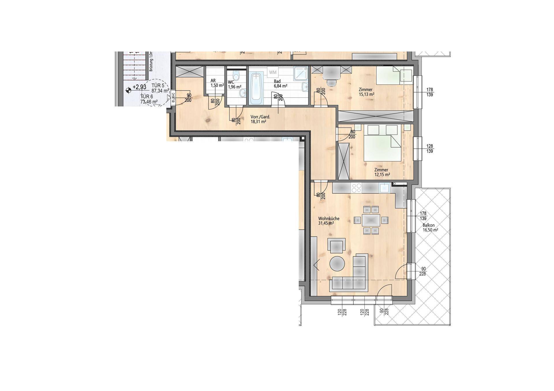 Grundriss einer Wohnung mit Wohnküche, zwei Zimmern, Bad und Balkon.