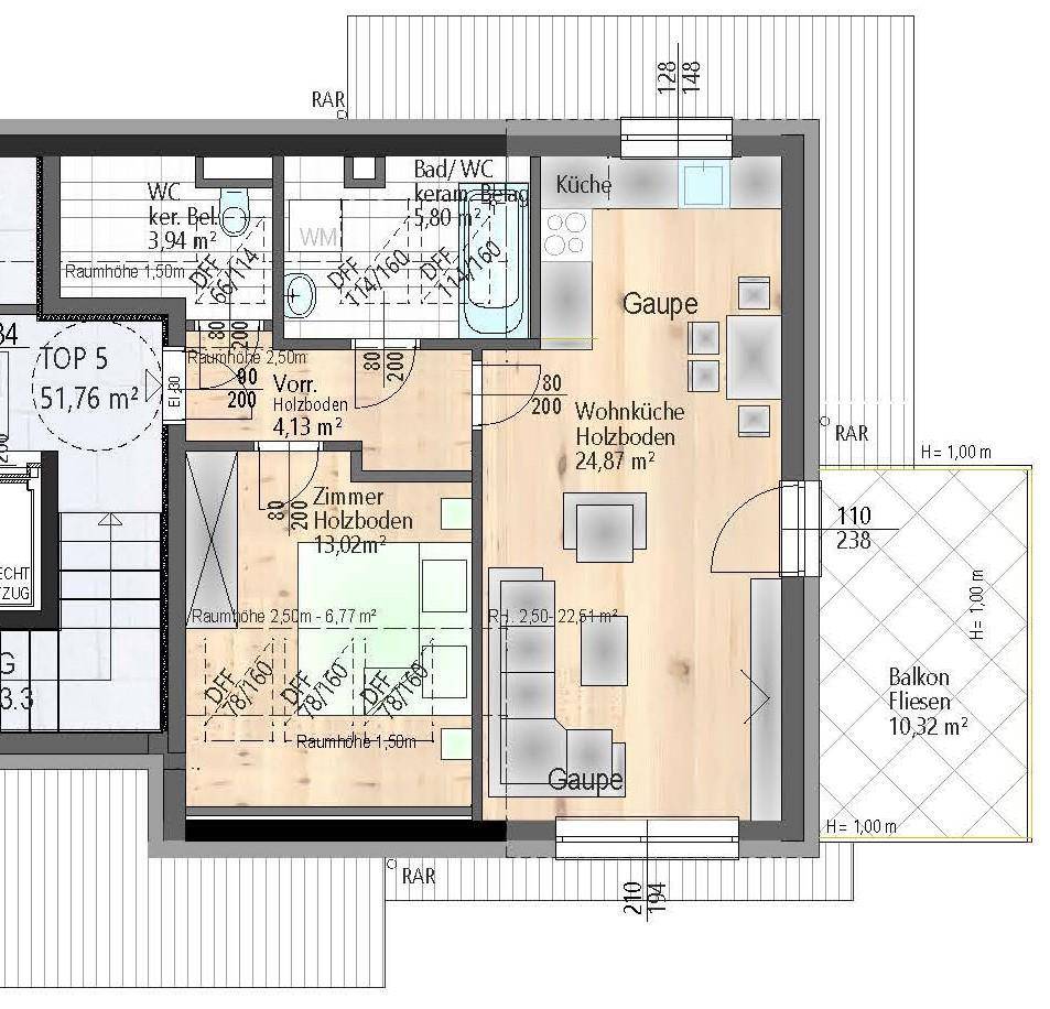 Grundriss einer Wohnung mit offener Wohnküche, Schlafzimmer, Bad und Balkon.