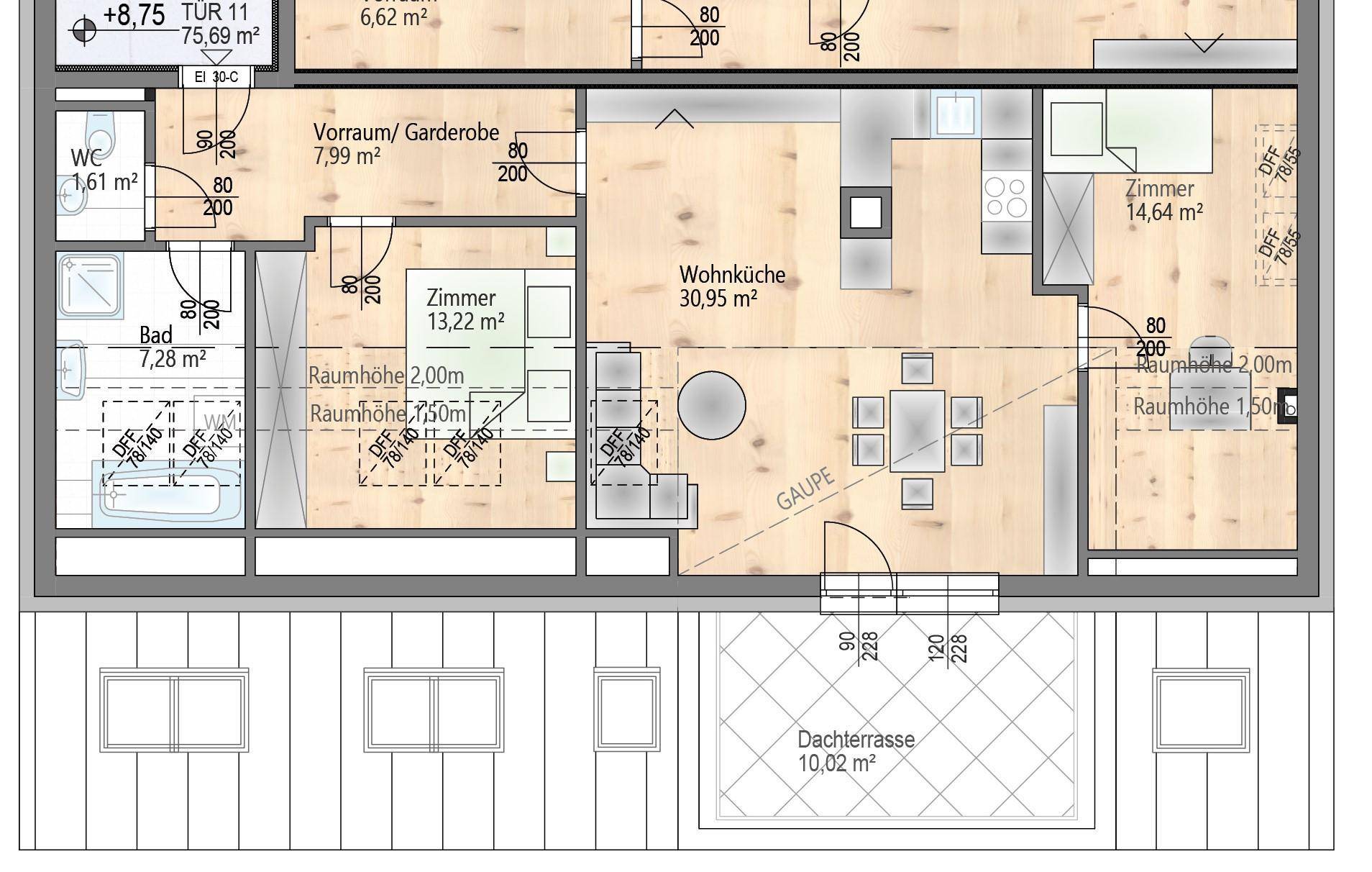 Grundriss einer Wohnung mit offener Wohnküche, Schlafzimmer, Bad und großer Dachterrasse.