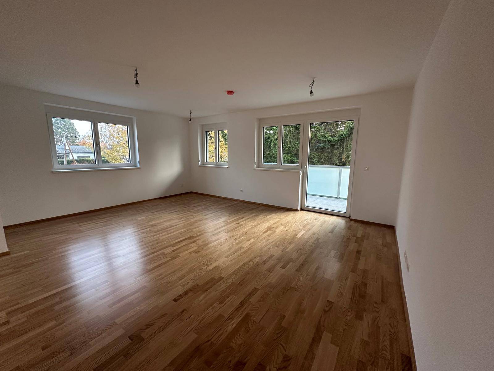 Helles Wohnzimmer mit Parkettboden und Zugang zu einem Balkon, ideal für entspannte Stunden.