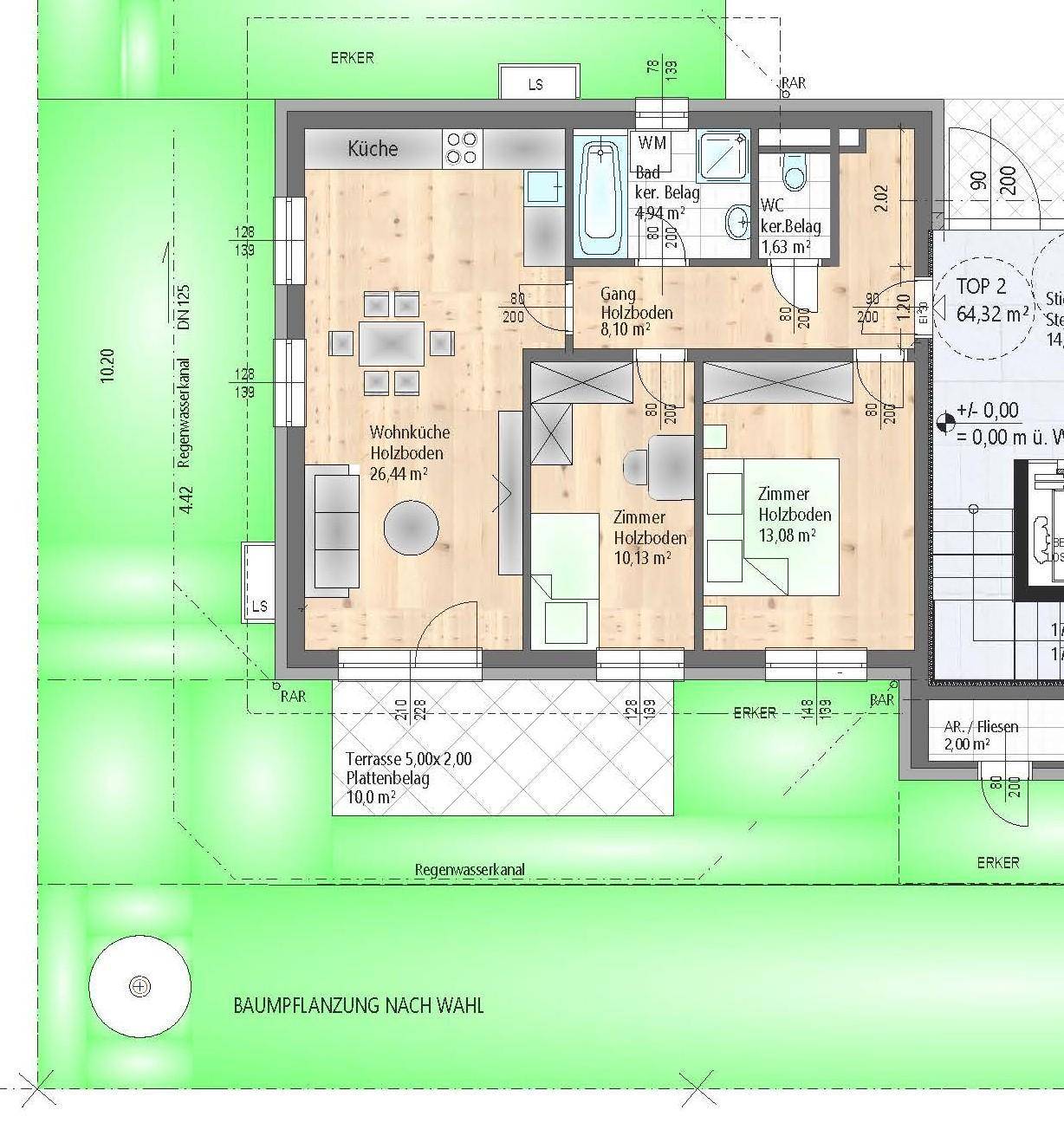 Grundriss einer Wohnung mit offener Wohnküche, zwei Zimmern, Bad, separatem WC und einer Terrasse.