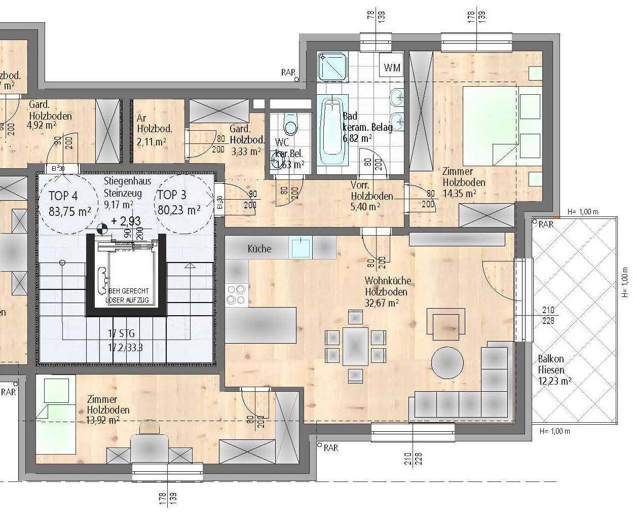 Detaillierter Grundriss einer Wohnung mit offener Wohnküche, Schlafzimmern, Bad, WC und Balkon.