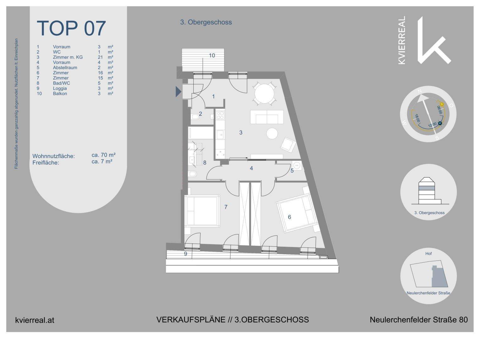 Grundriss der Wohnung TOP 07 im 3. Obergeschoss mit ca. 70 m² Wohnfläche und Balkon.
