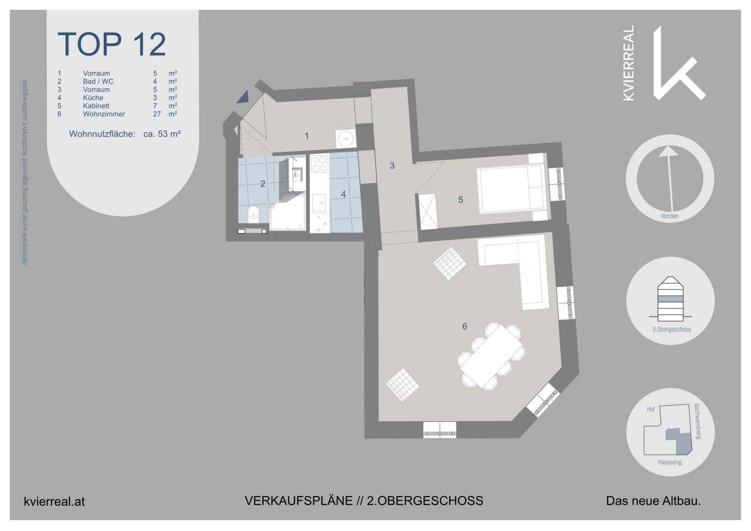 Grundriss der Wohnung TOP 12 im 2. Obergeschoss mit 53 m² Wohnfläche und offenem Wohnbereich.