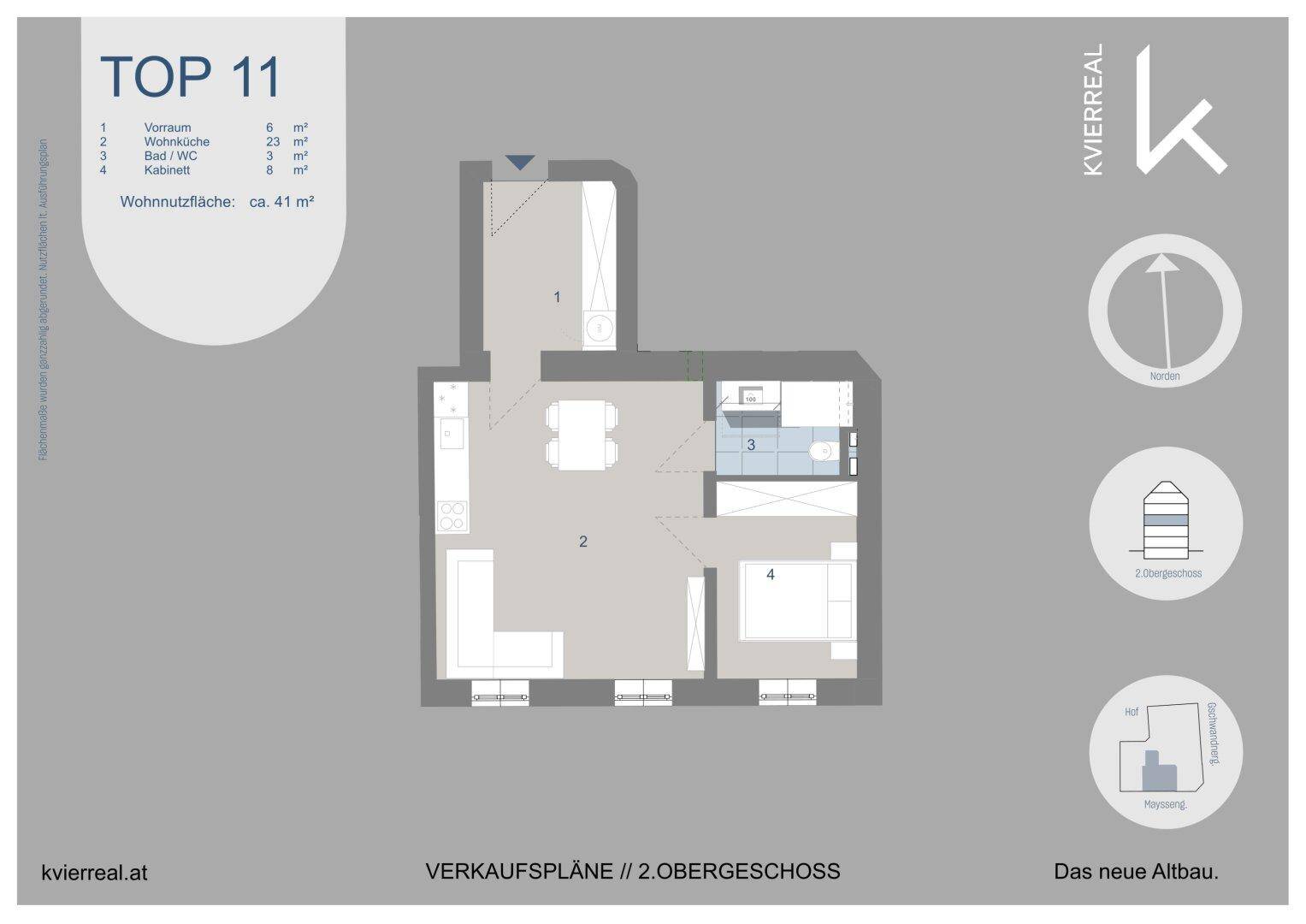 Grundriss der Wohnung Top 11 im 2. Obergeschoss mit 41 m² Wohnfläche.