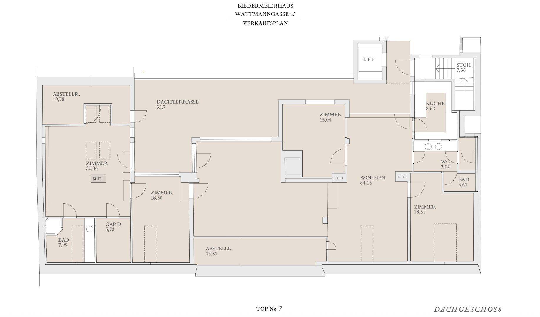 Grundriss des Dachgeschosses mit mehreren Zimmern, Bädern, Abstellräumen und Dachterrasse.