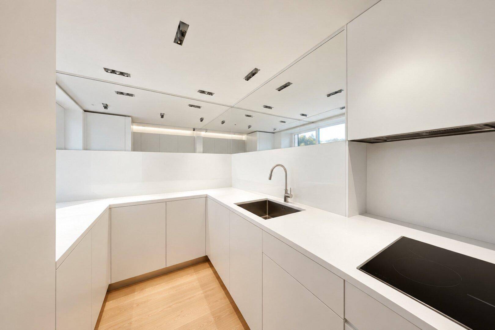 Moderne, minimalistische Küche mit weißen Schränken, Spüle und Induktionskochfeld.