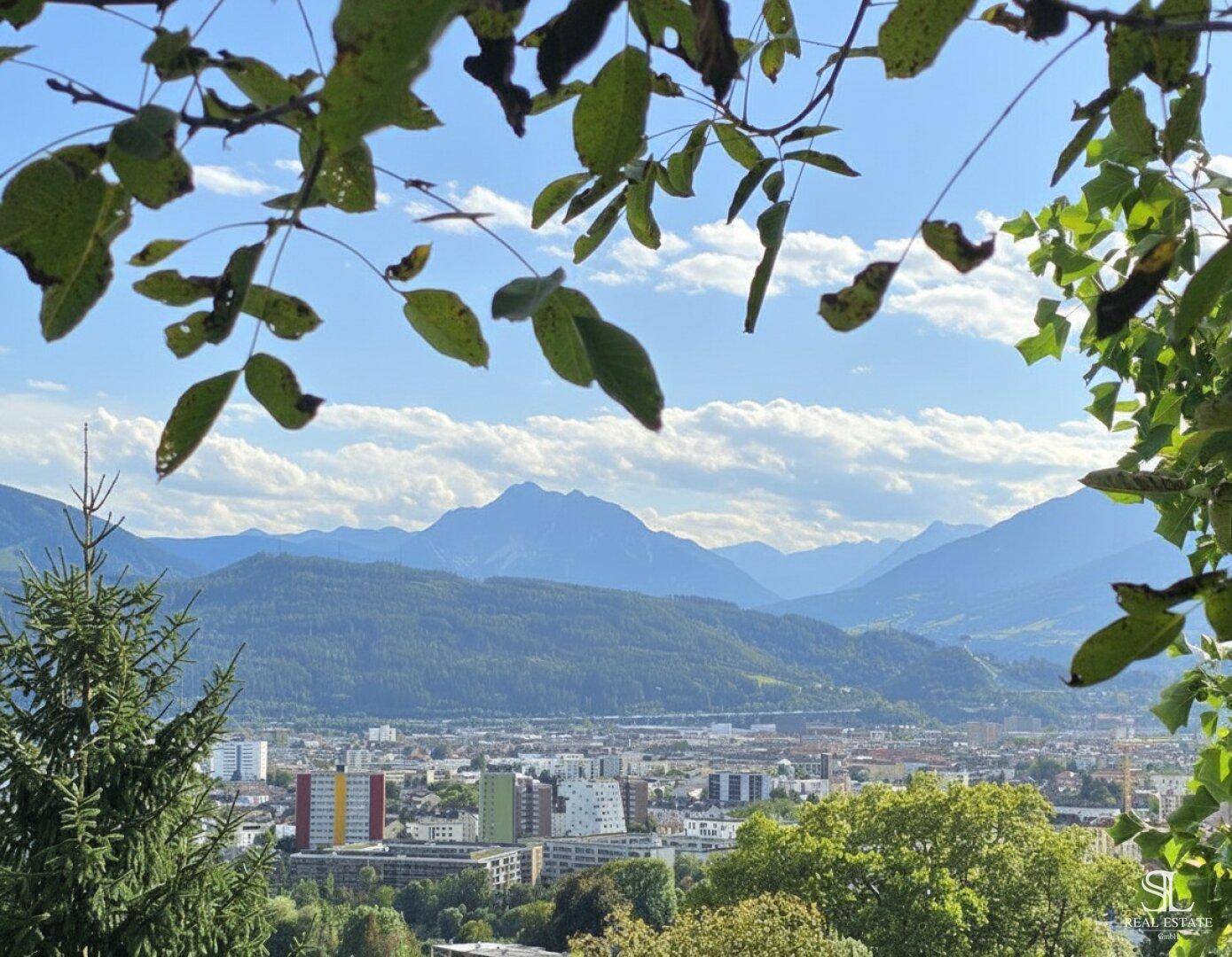 Panoramablick auf die Stadt und die majestätischen Berge, umrahmt von grünen Blättern im Vordergrund.