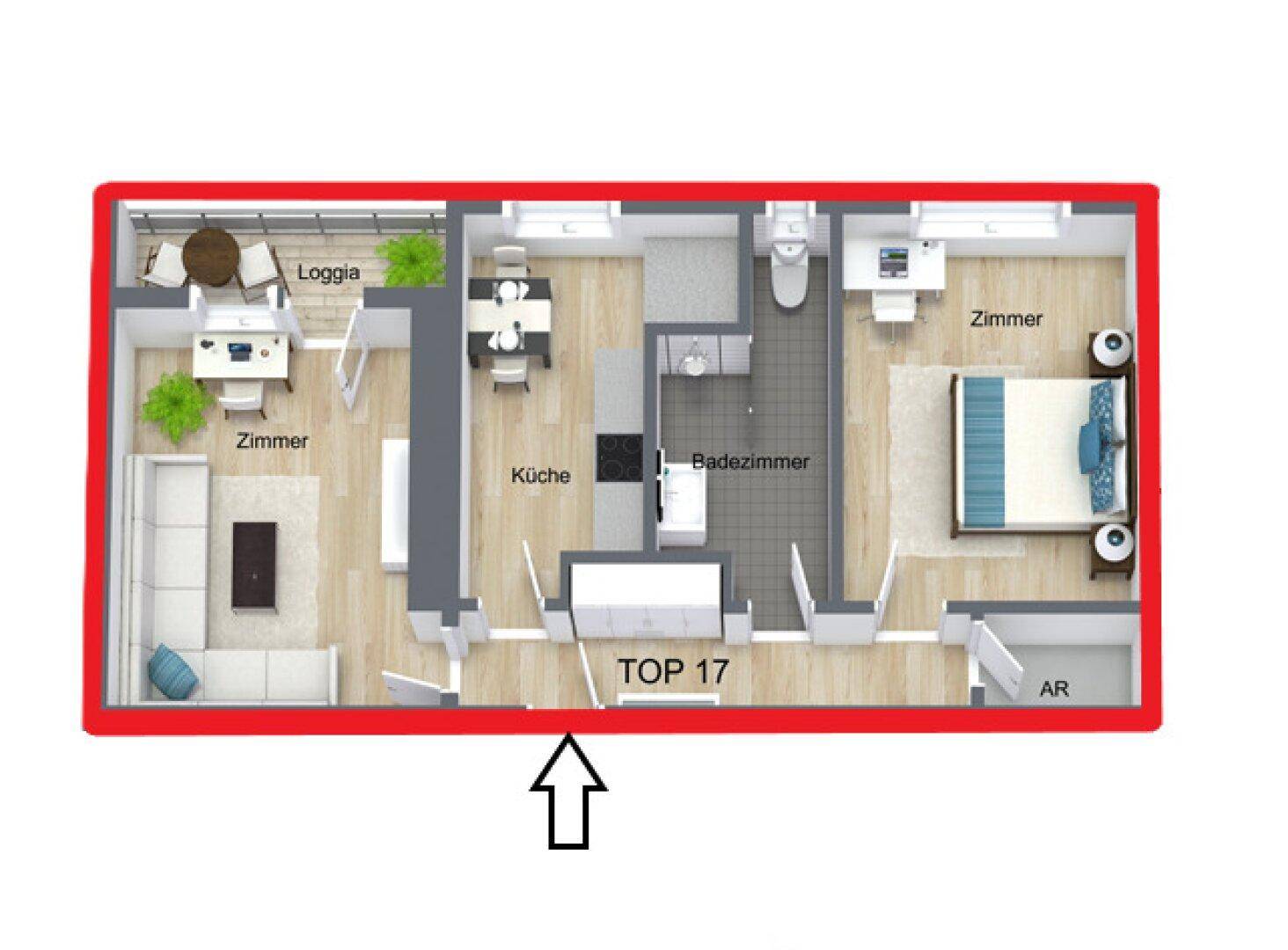 Grundriss der Wohnung TOP 17 mit Loggia, Küche, Bad und Schlafzimmern.