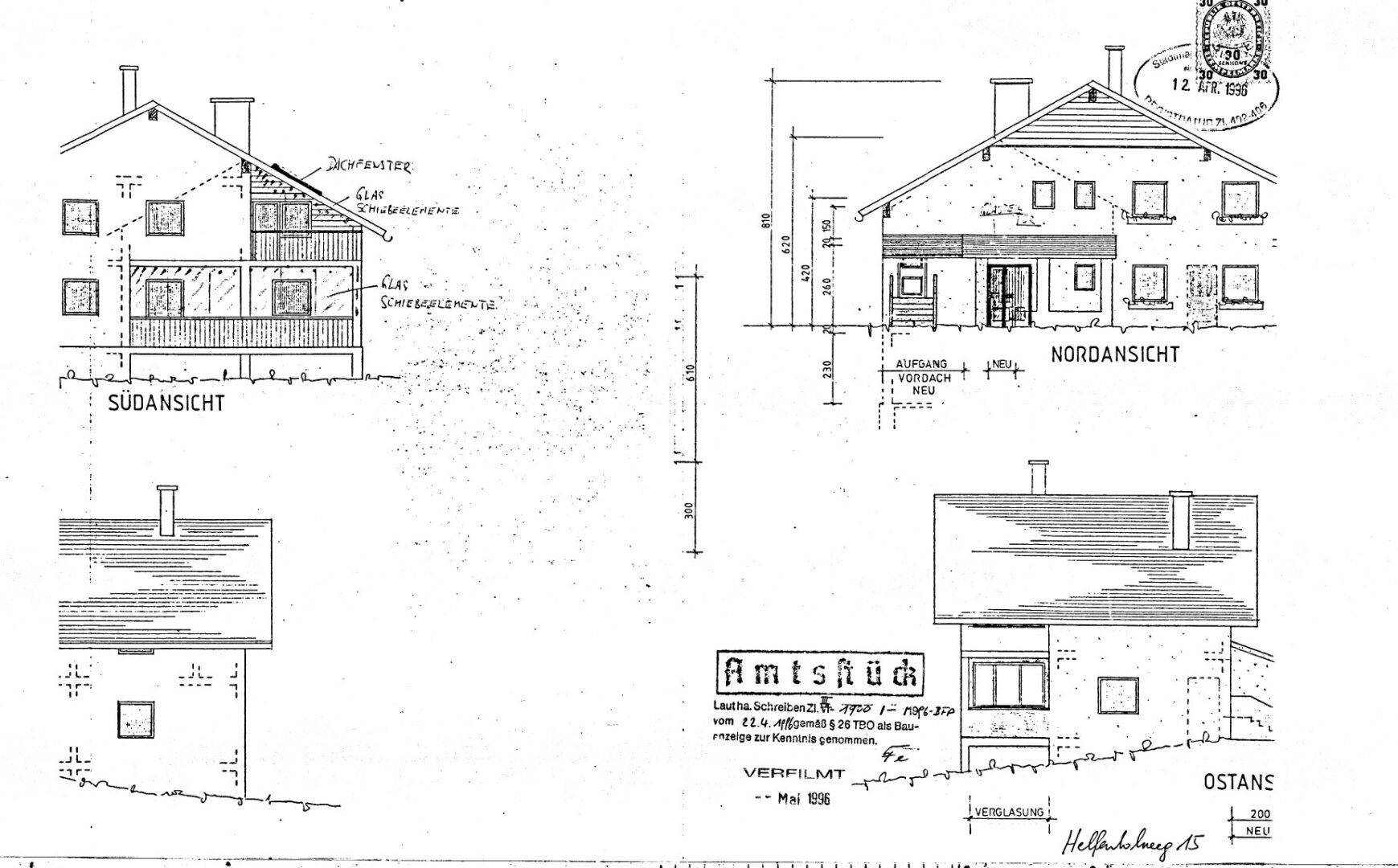 Architektonische Ansichten des Gebäudes von verschiedenen Seiten mit Details zu Balkonen und Fenstern.