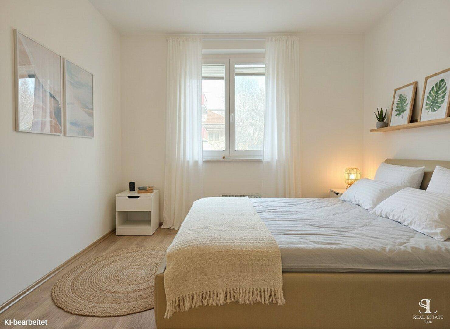 Helles Schlafzimmer mit Doppelbett, Nachttisch und Fenster, ausgestattet mit hellen Vorhängen.