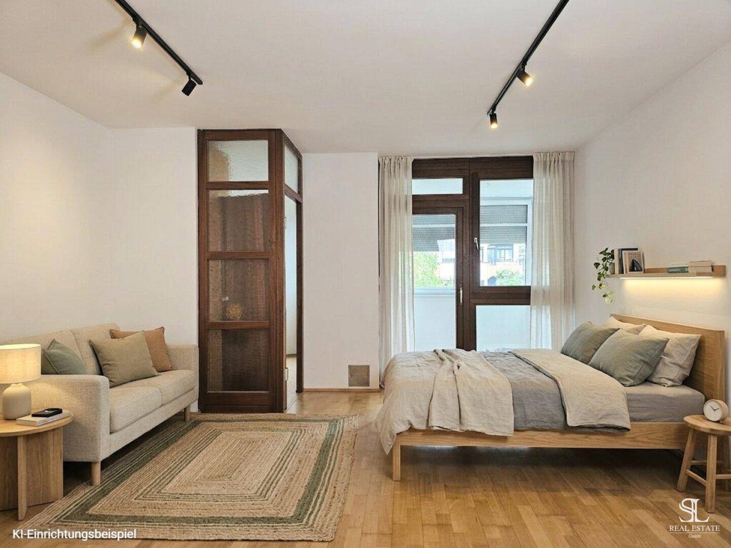 Virtuell eingerichtetes Zimmer mit Holzboden, Bett und Sofa, beleuchtet von modernen Deckenspots.