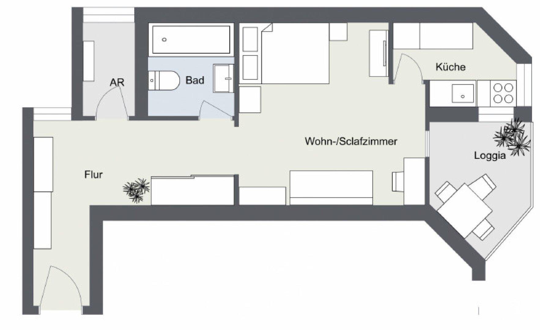Grundriss mit Raumaufteilung von Wohn-/Schlafzimmer, Küche, Bad, Flur und Loggia.