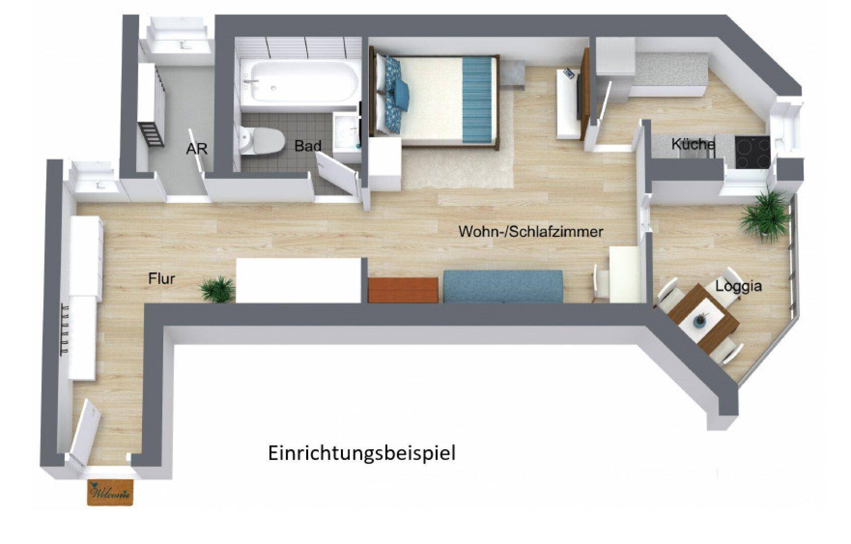 Detaillierter Grundriss mit Möblierung, zeigt Wohn-/Schlafzimmer, Küche, Bad und Loggia.
