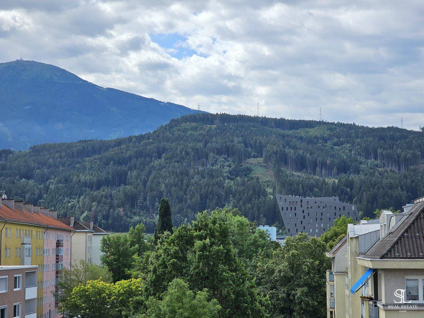 Blick auf einen bewaldeten Berg und Wohngebäude in der Ferne unter einem bewölkten Himmel.