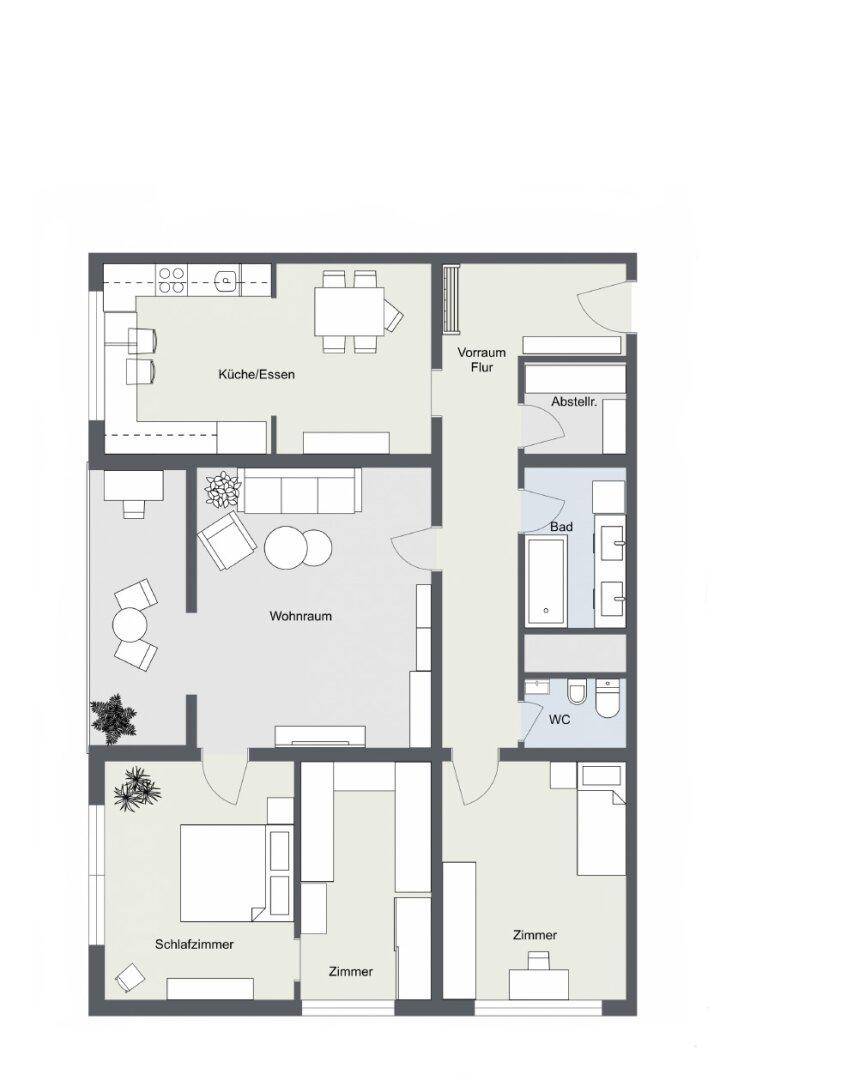 Schwarz-weißer Grundriss einer Wohnung mit Küche, Wohnzimmer, Schlafzimmern, Bad und WC.