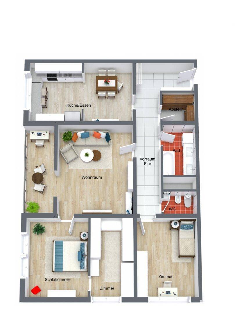 Farbiger Grundriss einer Wohnung mit Küche, Wohnzimmer, Schlafzimmern, Bad und WC.