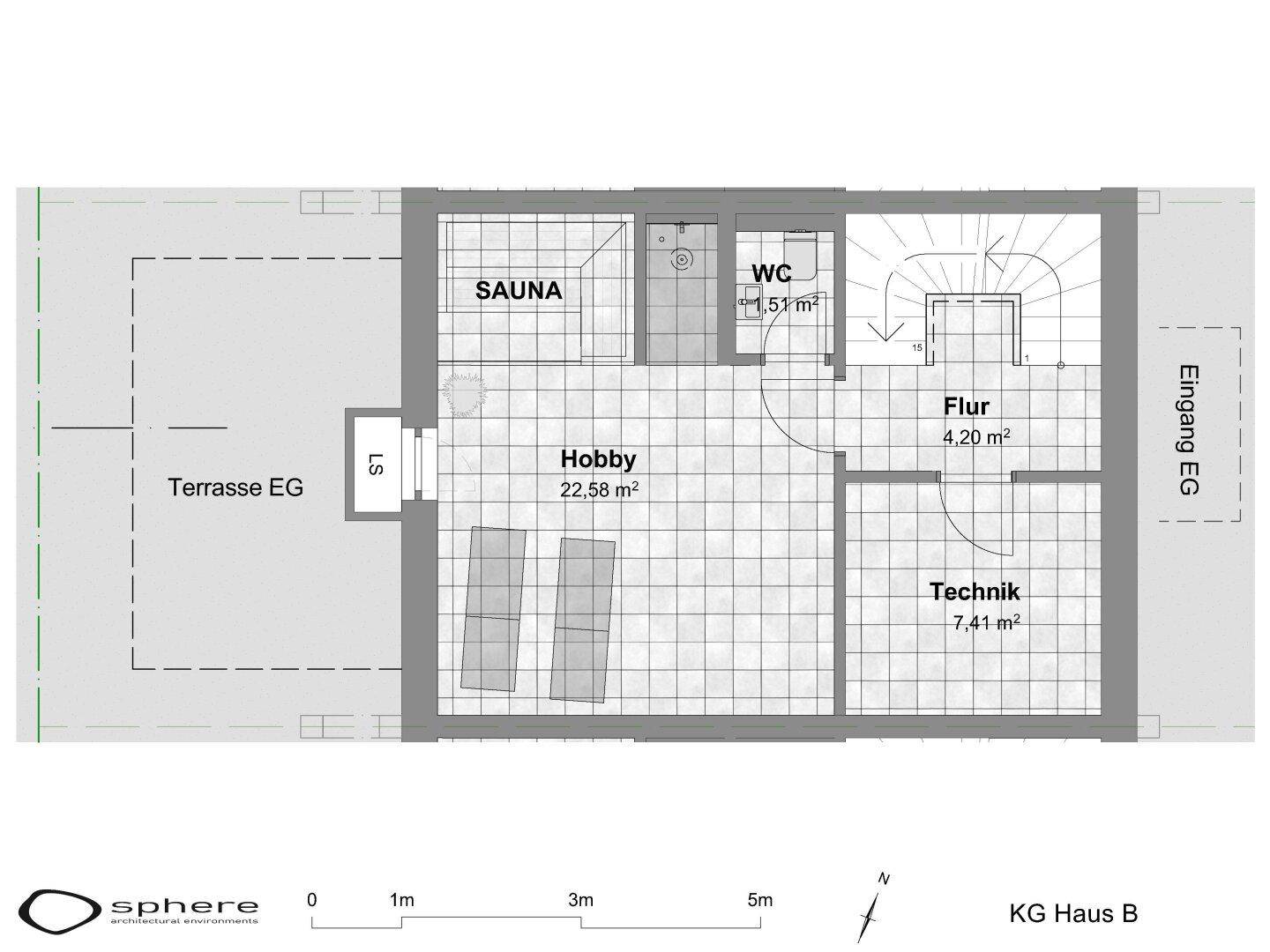 Grundriss des Kellergeschosses mit Sauna, Hobbyraum, WC und Technikbereich.