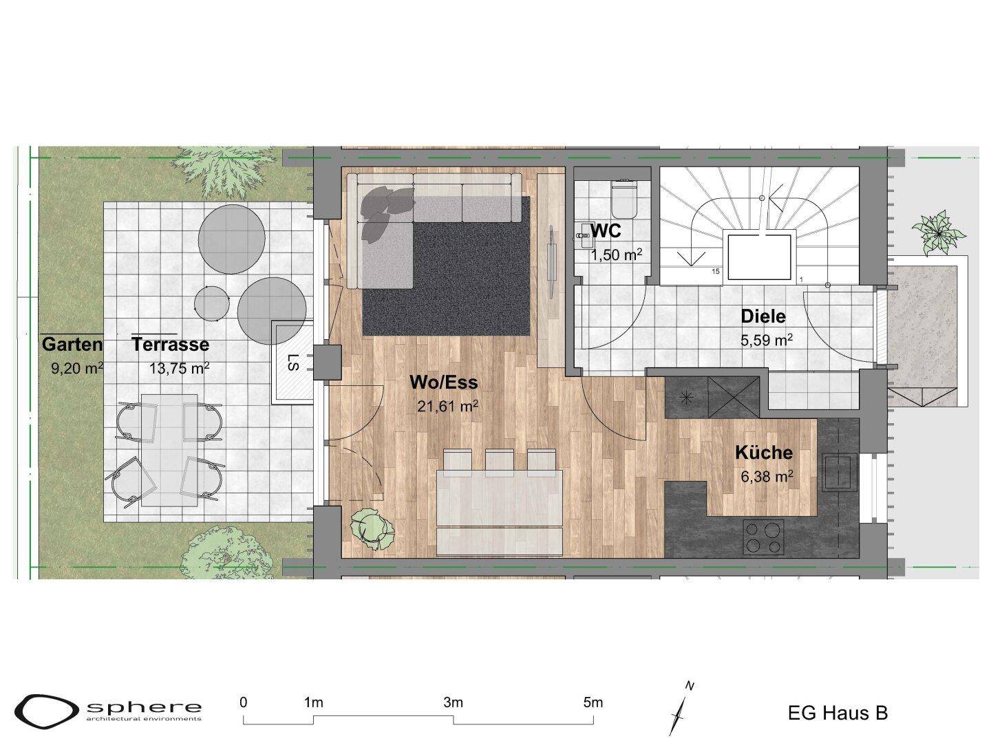 Grundriss des Erdgeschosses mit offenem Wohn-Essbereich, Küche, Gäste-WC und Zugang zu Garten und Terrasse.