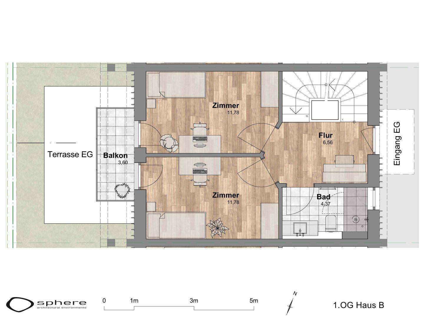 Grundriss des ersten Obergeschosses mit zwei Zimmern, Bad, Flur und Balkon.