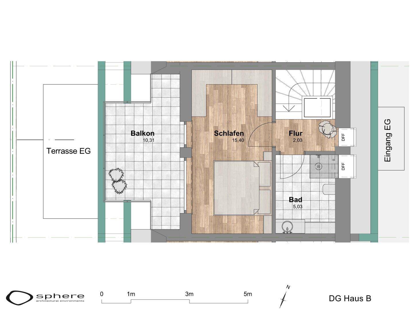 Grundriss des Dachgeschosses mit Schlafzimmer, Bad, Flur und großem Balkon.