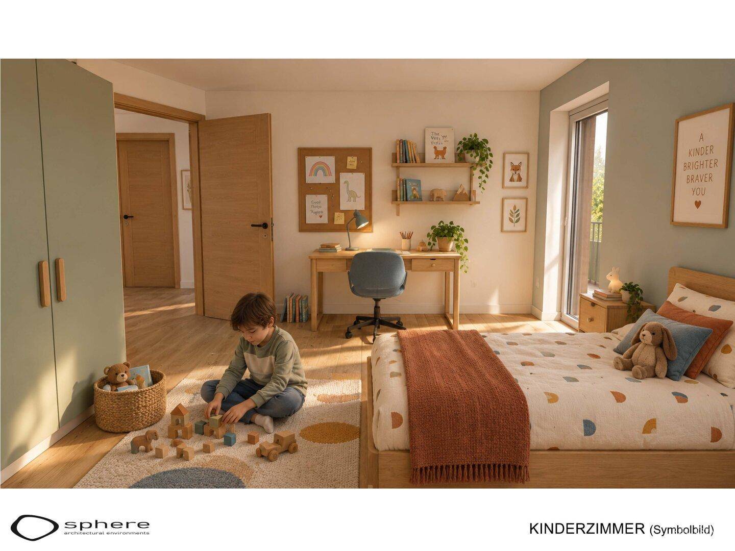 Freundliches Kinderzimmer mit Holzboden, Schreibtisch und viel Platz zum Spielen.