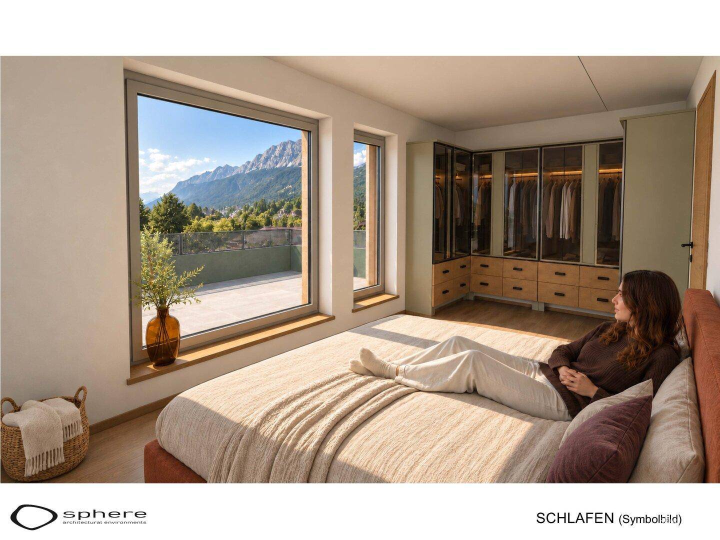 Helles Schlafzimmer mit großem Fenster, Bergblick und integriertem Kleiderschrank.