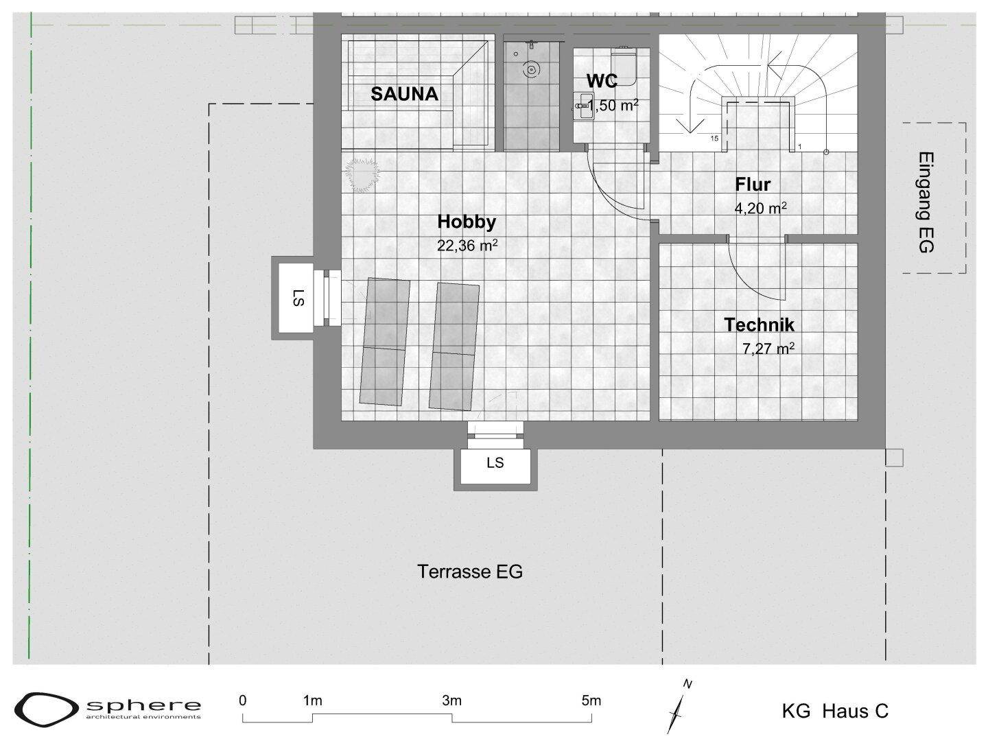 Grundriss des Kellergeschosses mit Hobbyraum, Sauna und Technikraum.