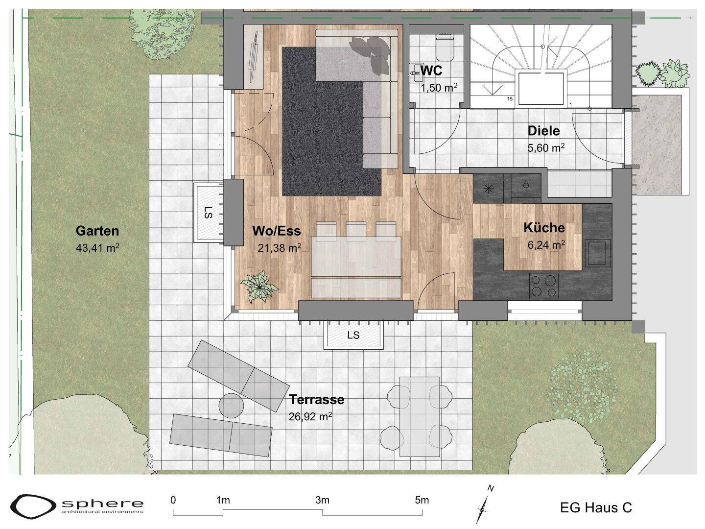 Grundriss des Erdgeschosses mit offenem Wohn-Essbereich, Küche und großer Terrasse.